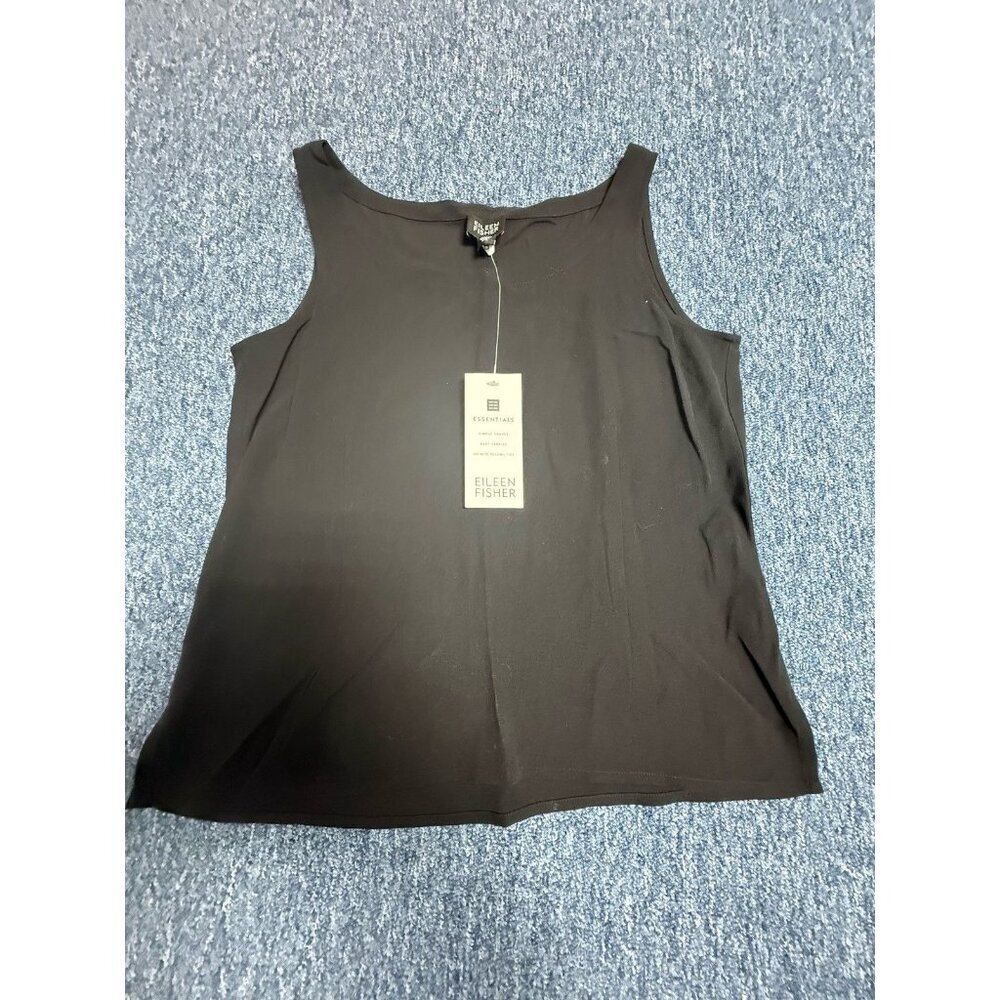NWT Eileen Fisher Silk Georgette Crepe Tank Top XS Black Wide Shell Boxy Classic - Picture 2 of 5